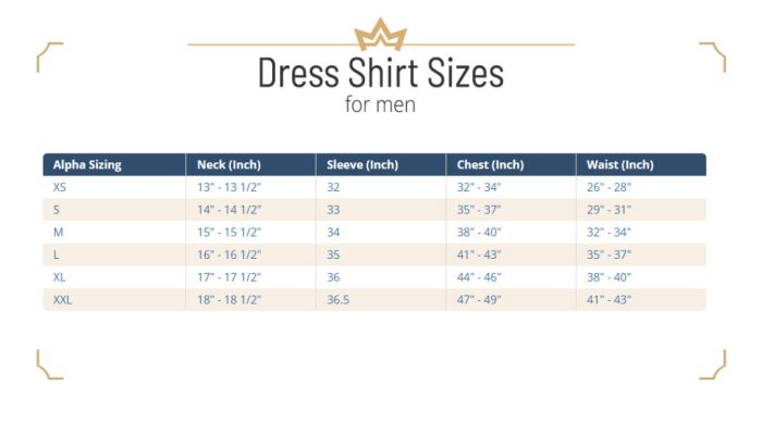 Small men's dress shirt size chart